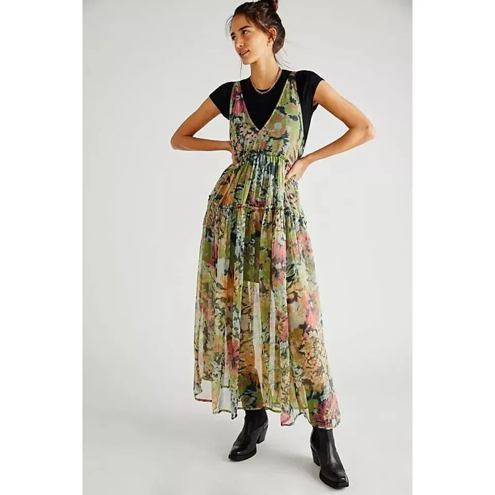 Free People Julianna Maxi Dress Green Misty Combo Small S NEW